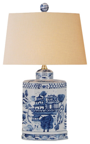 Tea House Porcelain Table Lamp, Blue and  White
