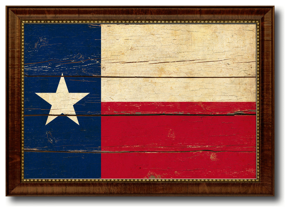 Texas State Vintage Flag Print With Brown Gold Frame, 19"X27"