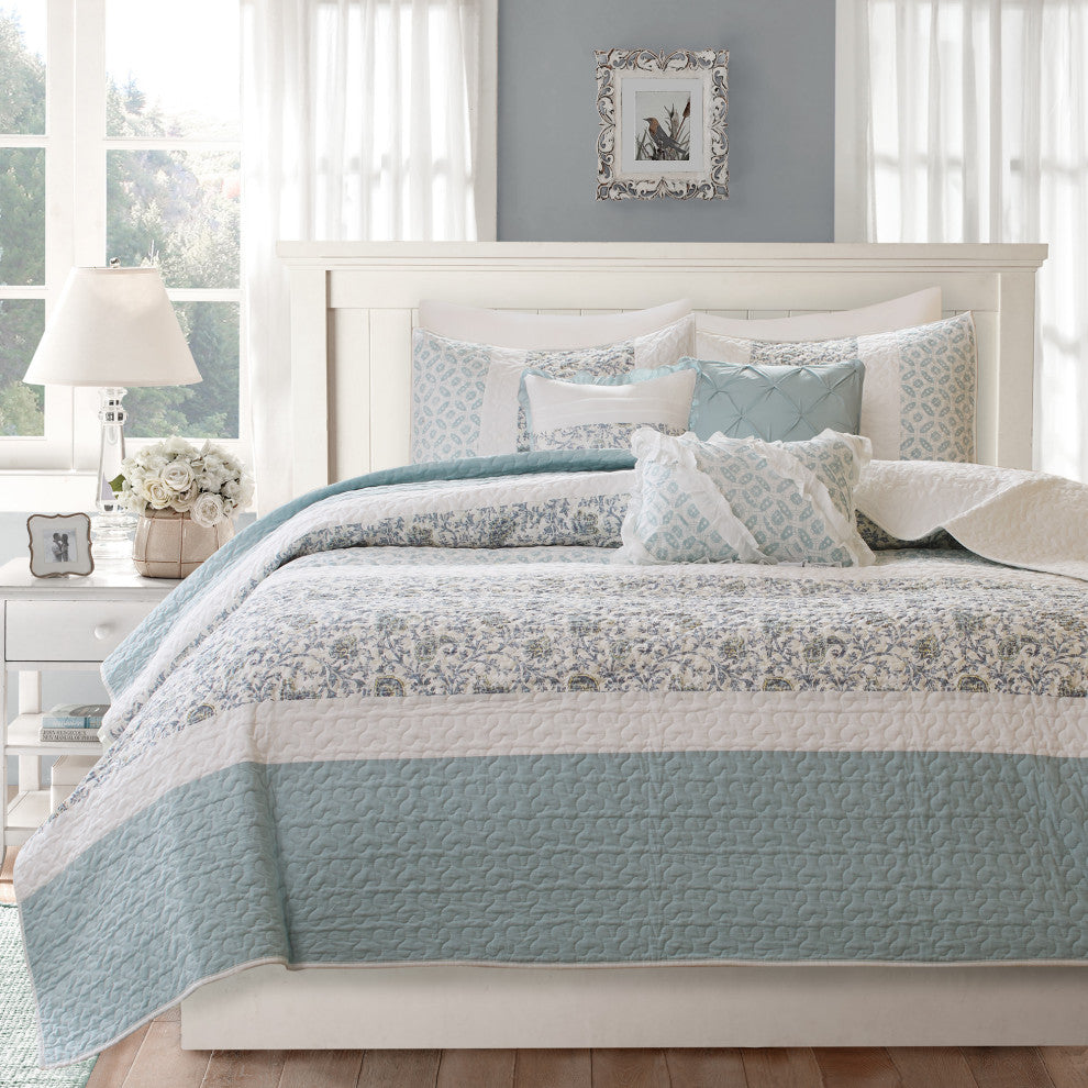 Madison Park Percale Printed 6-Piece Coverlet Set, Aqua, Full/Queen