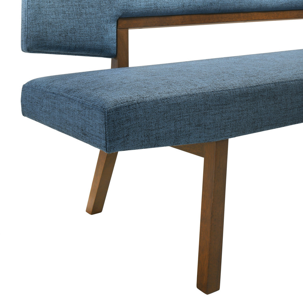 Channell Wood Dining Bench, Walnut Finish With Blue Fabric