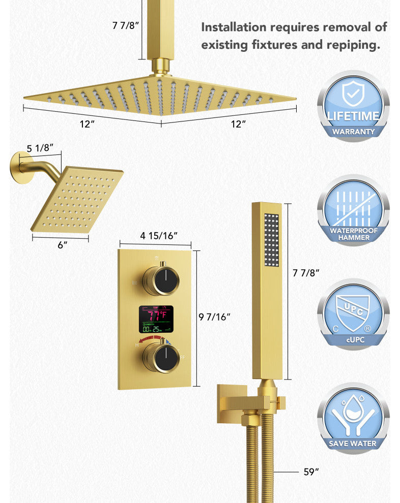 Dual Showerheads 12" Digital Display Shower System, Brushed Gold