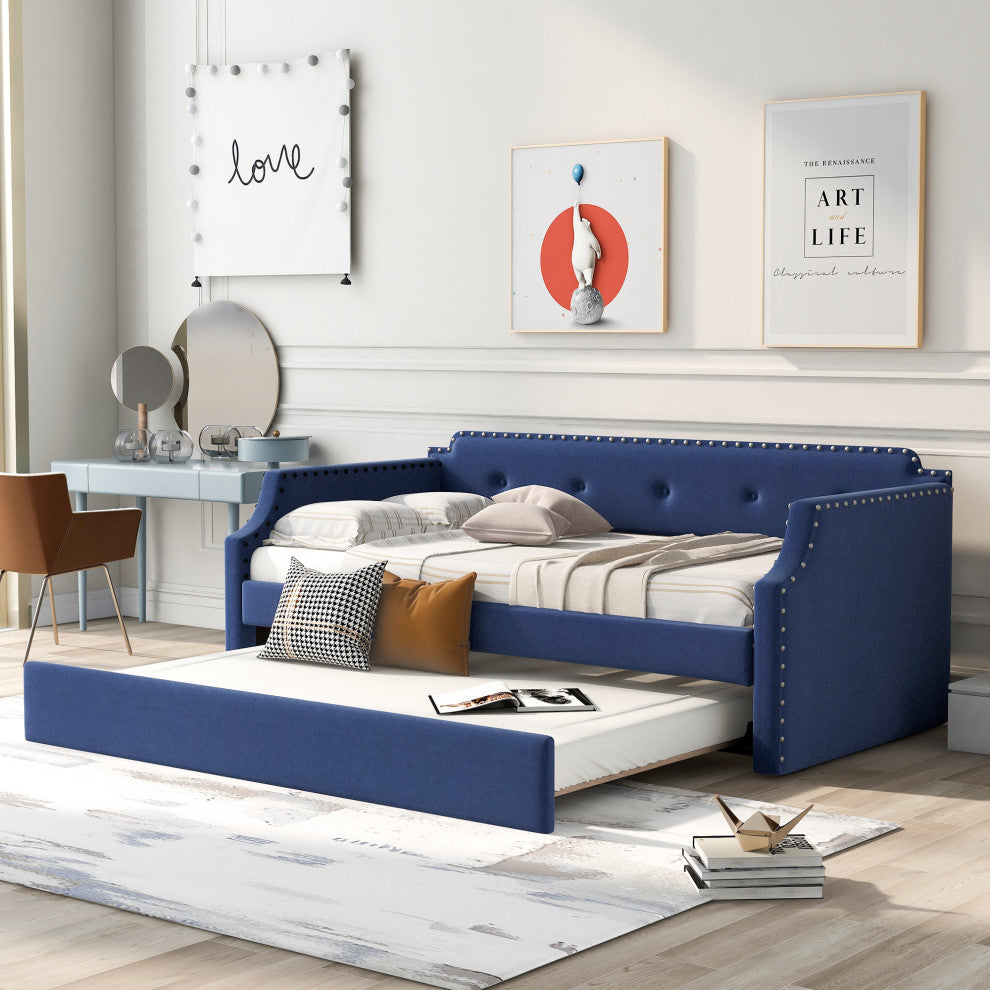 Elegant Linen Upholstered Daybed with Trundle, Blue