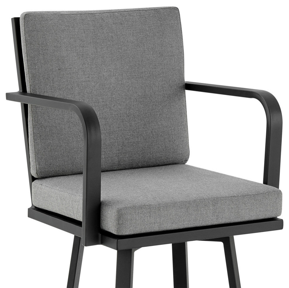 Don 30" Outdoor Patio Bar Stool, Black Aluminum With Gray Cushions, Black