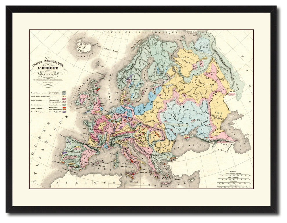 Europe Geological Vintage Antique Map Wall Art, 28"x37"