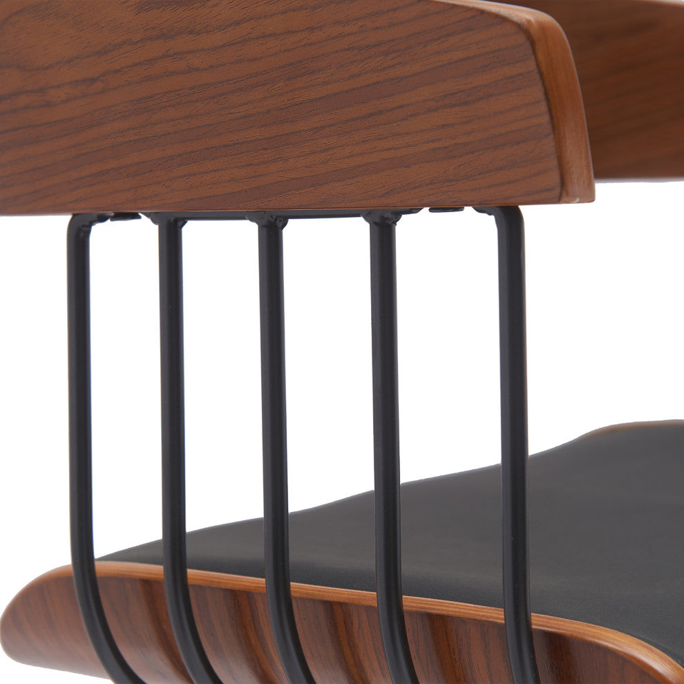 Athena Swivel Walnut Wood Counter Stool Black Faux Leather With Black Metal, 27"