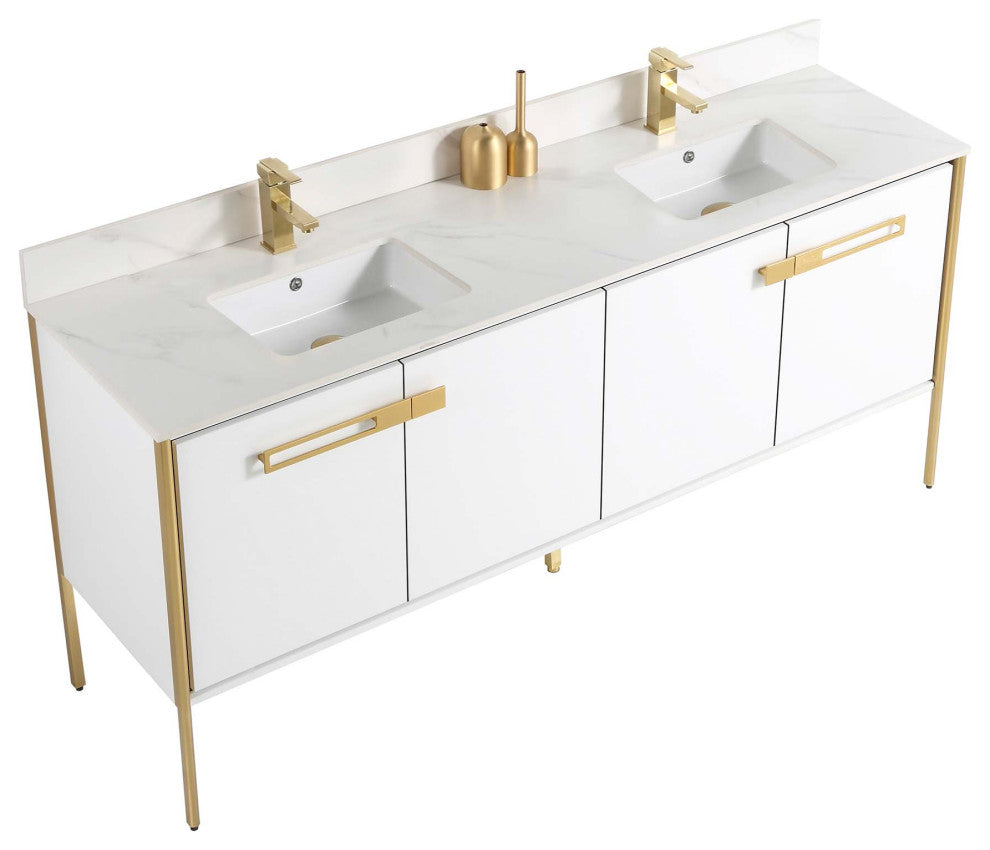 Oakville Bath Vanity, Ceramic Sink, White Matte, 72 Inch, Satin Brass Hardware