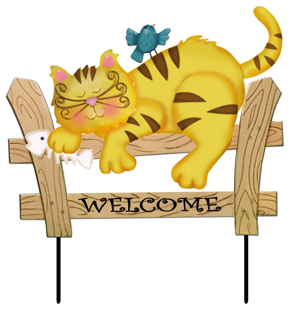 21" Welcome Cat Sleeping On Fence Garden Stake