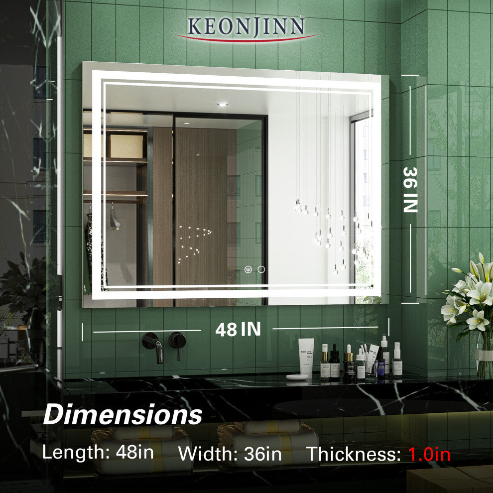 LED Bathroom Mirror, Anti-Fog Memory Dimmable IP54 Waterproof, 48"x36"