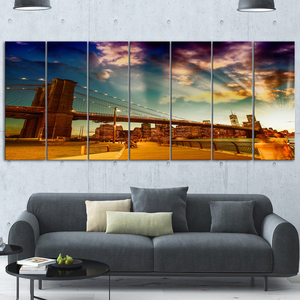 Relaxing in Brooklyn Bridge Park, Cityscape Canvas Print, 83"x32", 7 Panels