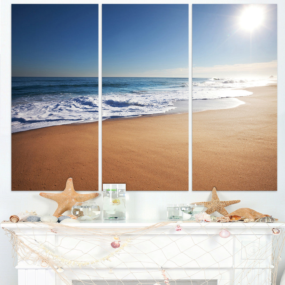 "Calm Blue Seashore With White Sun" Metal Wall Art, 3 Panels, 36"x28"