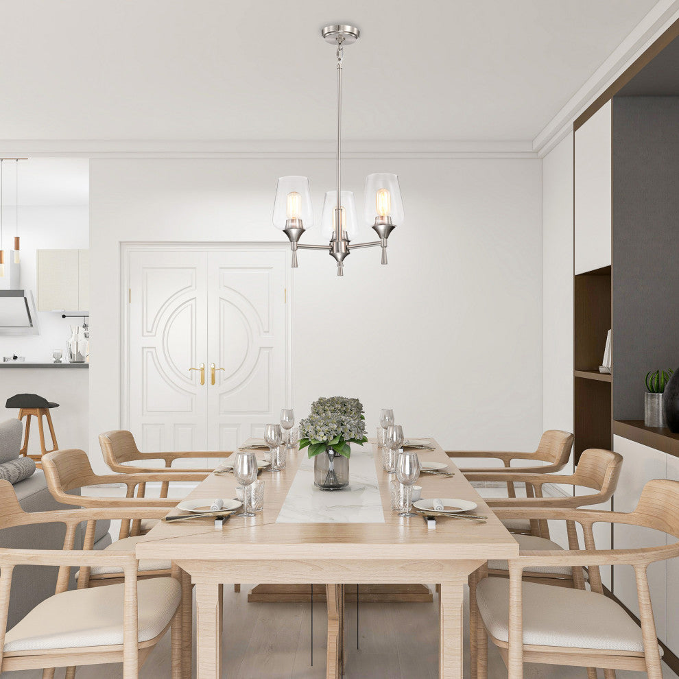 3-Light Brushed Nickel Modern Chandelier With Clear Glass Shades