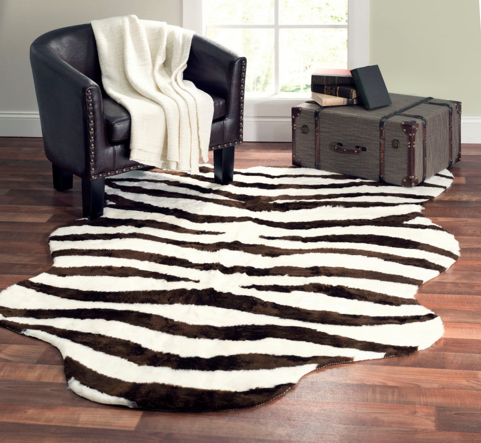 Faux Zebra Skin Rug, Ivory and Brown Stripe