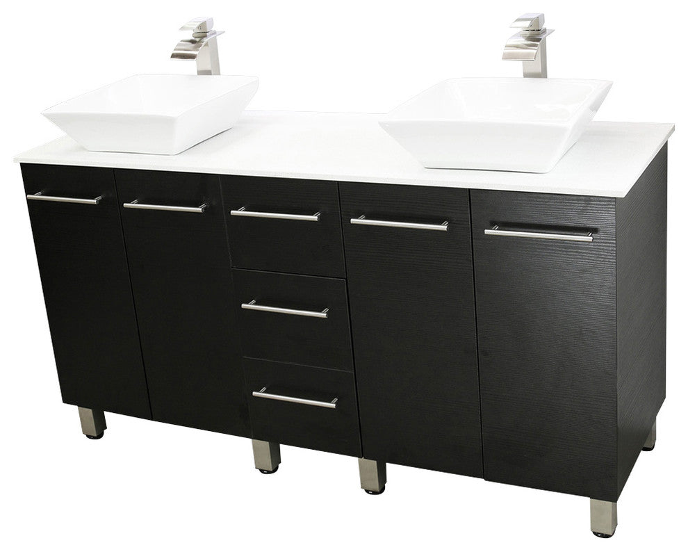 Windbay 60" Free Standing Double Vanity, Black, White Stone Flat Countertop