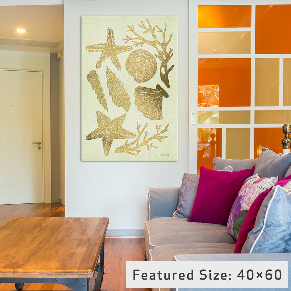 "Gold Seashells" Print by Cat Coquillette, 40"x26"x1.5"