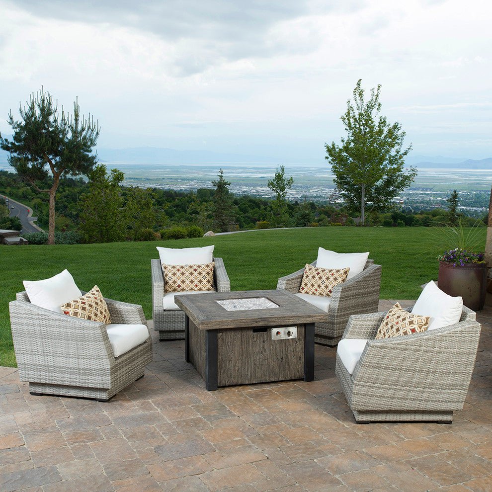 Cannes 5 Piece Sunbrella Outdoor Patio Fire Chat Set, Cream