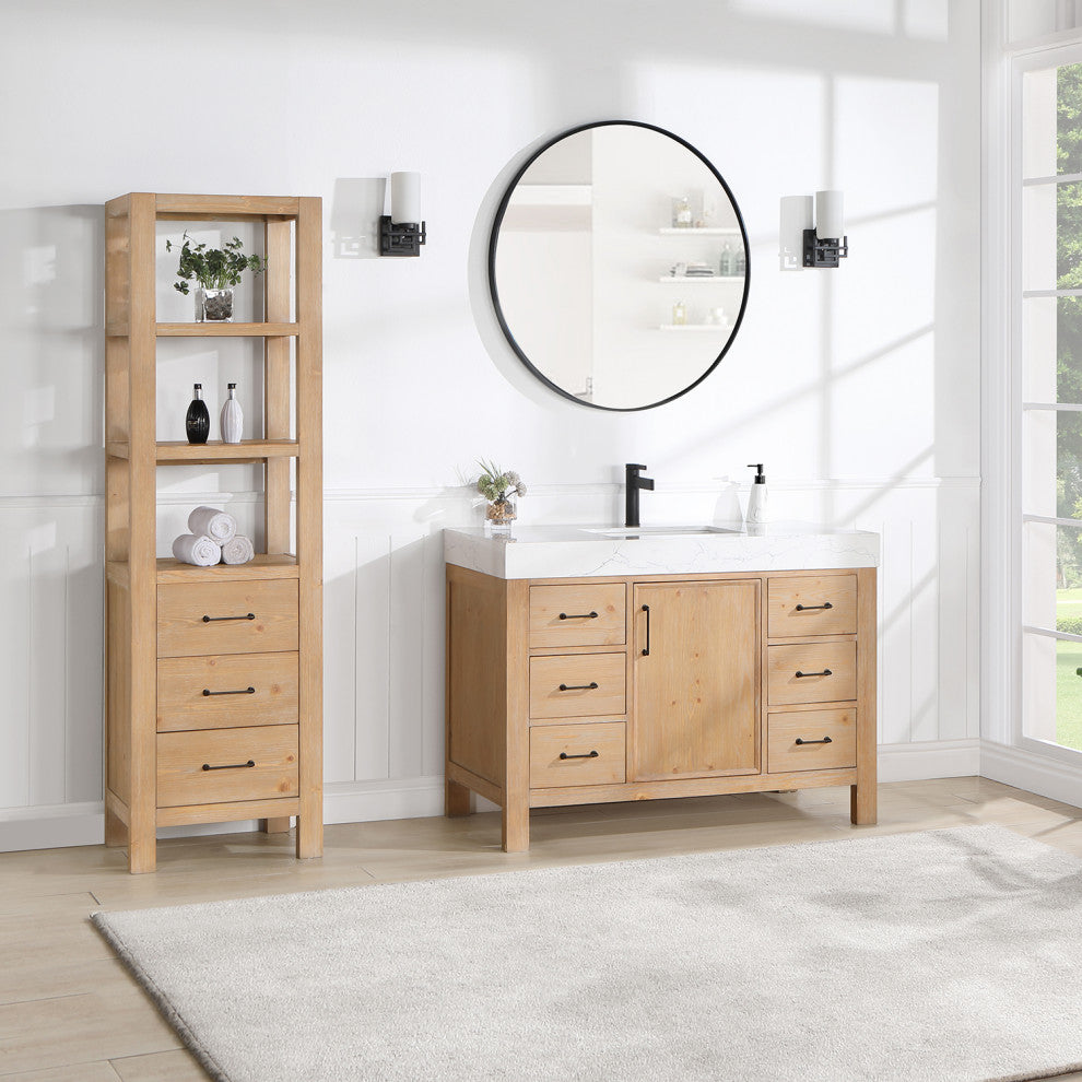 Leon Bath Vanity With Composite Stone Top, Fir Wood Brown, 48", With Mirror