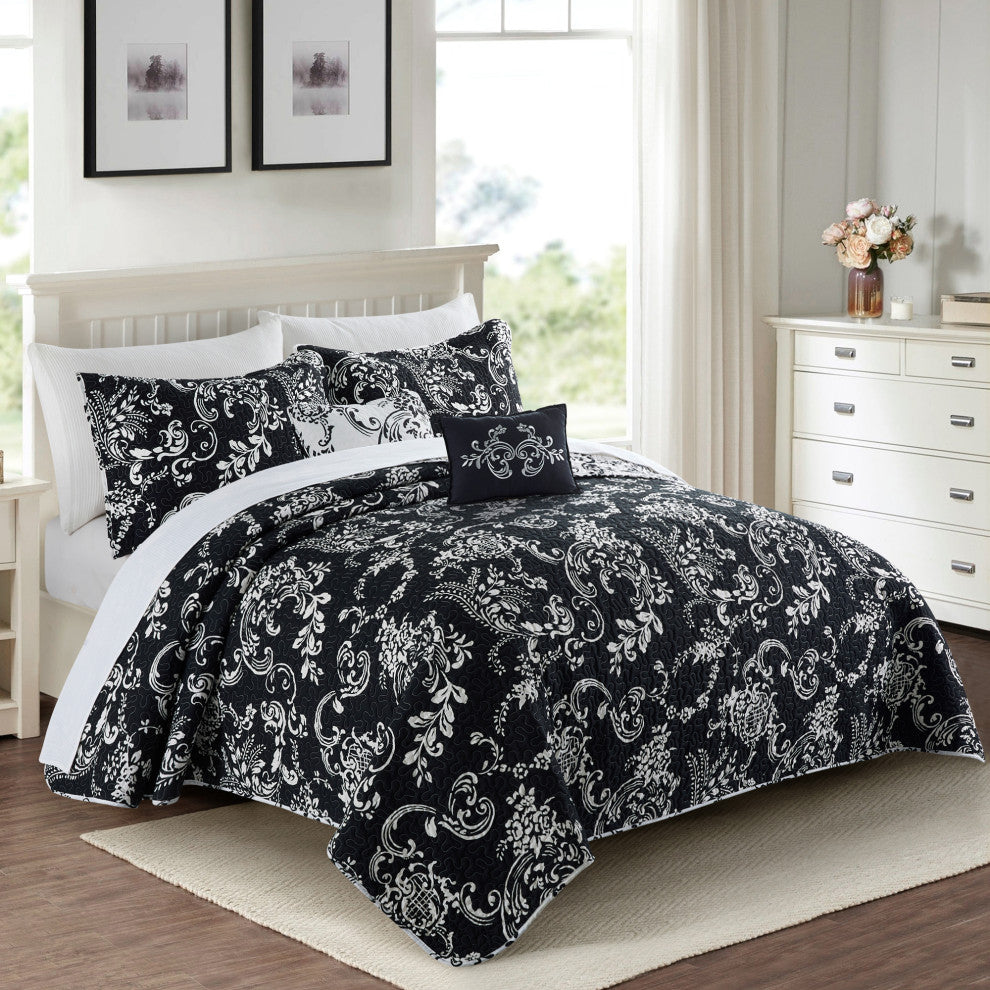 LA Boheme 5 Piece Printed Bed Spread Set, Black, Queen