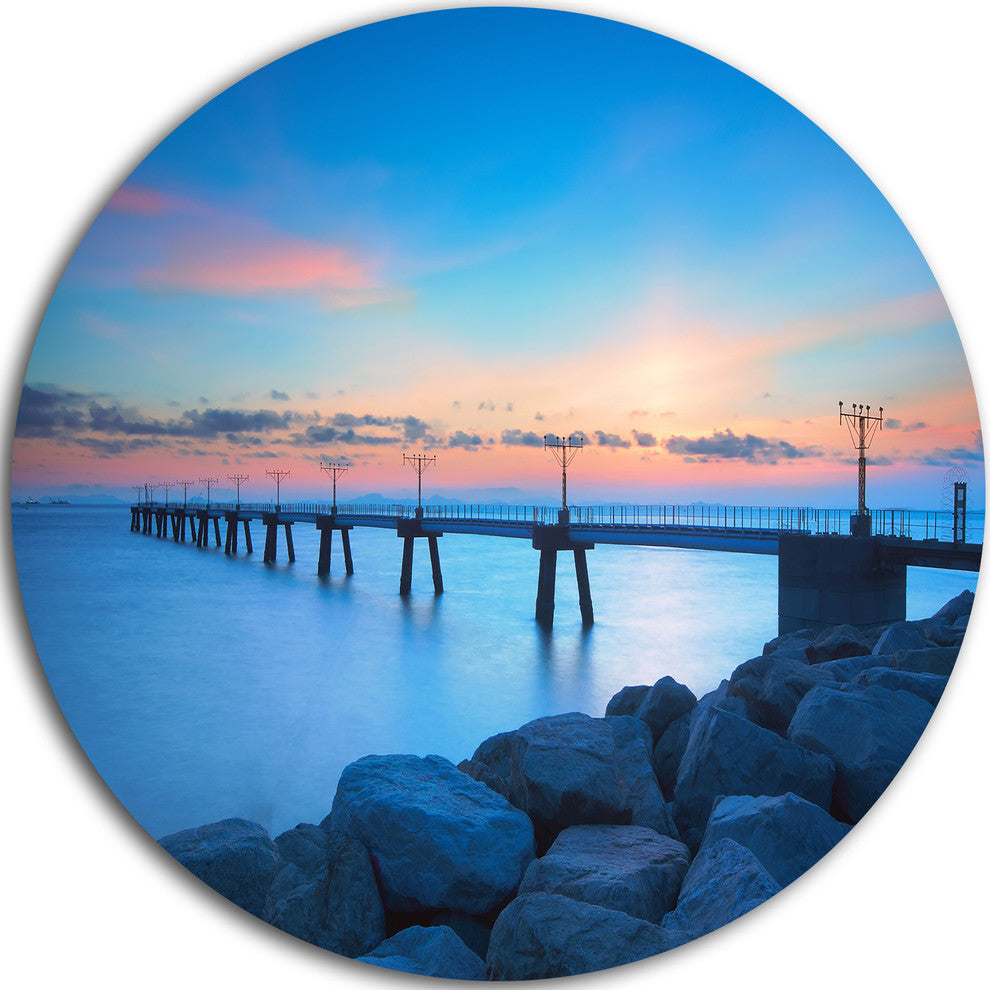 Bluish Rocky Seashore With Pier, Sea Bridge Round Wall Art, 11"