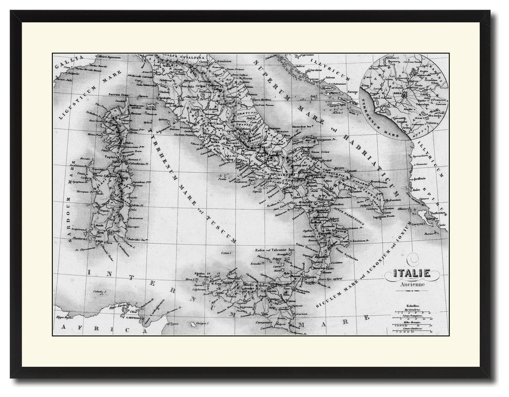 Italy Rome Vintage B&W Map Canvas Print, 28"x37"