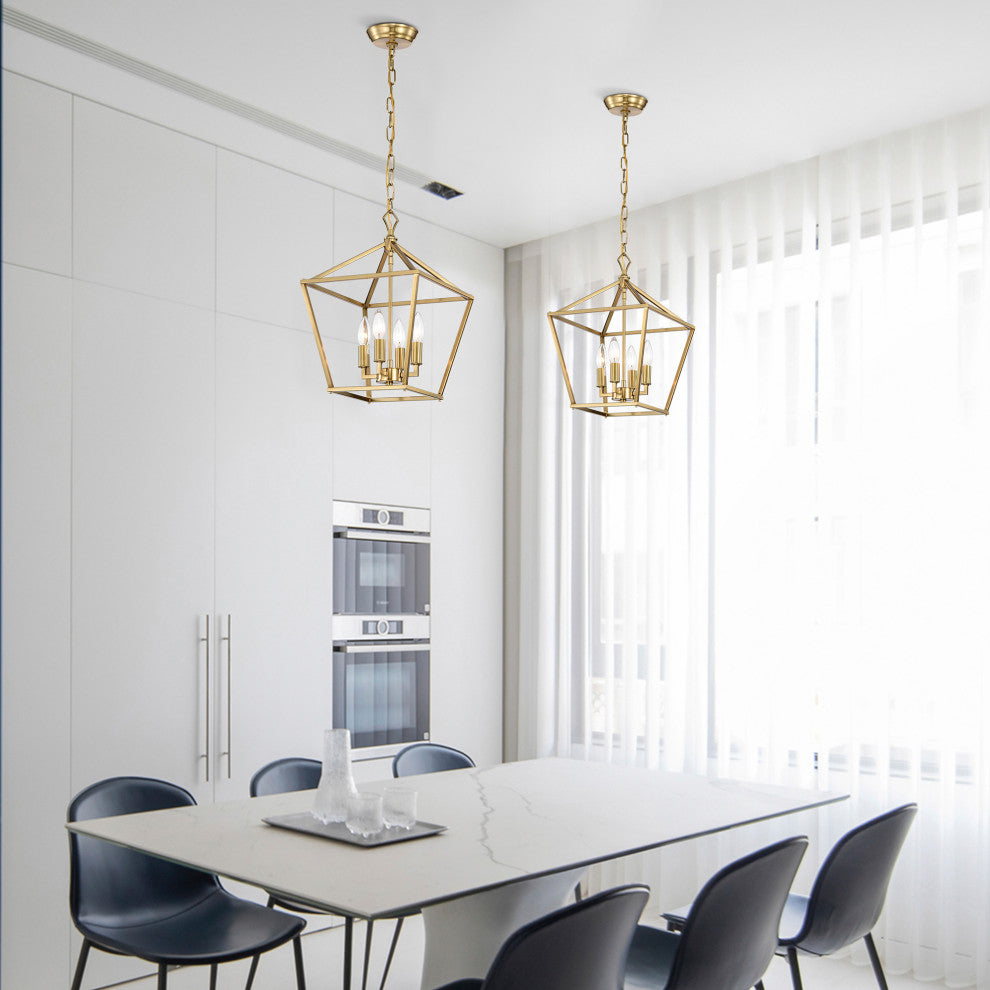 4-Light 12 in. Gold Caged Lantern Modern Pendant