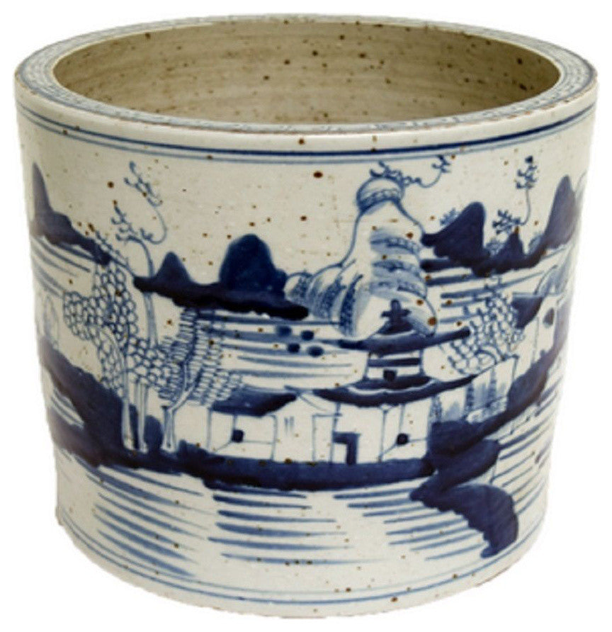 Blue and White Porcelain Landscape Motif Flower Pot 8"