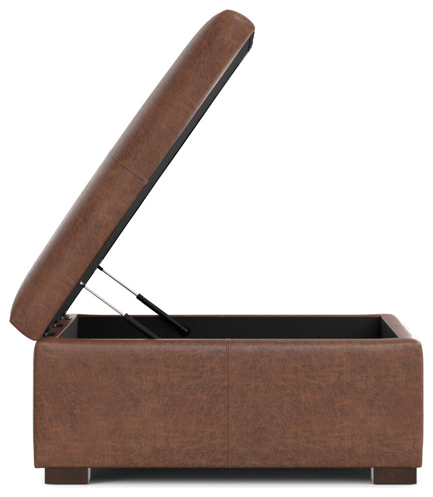 Gabbie Square Coffee Table Storage Ottoman, Distressed Saddle Brown