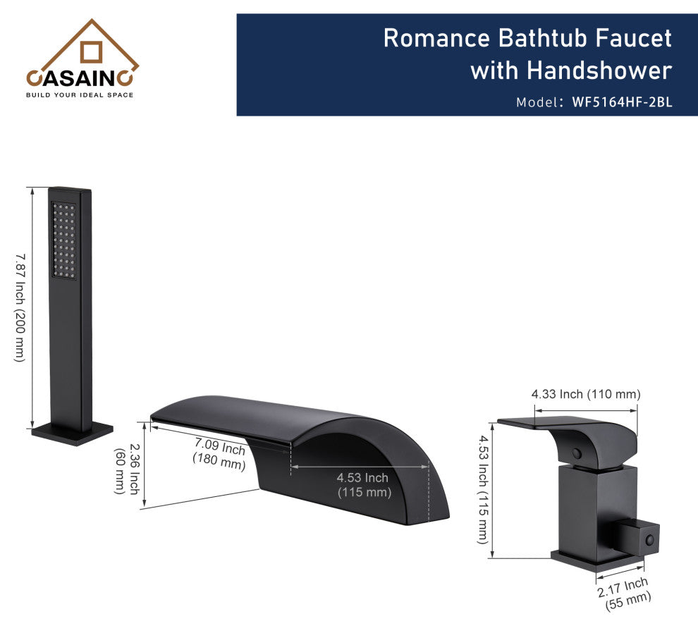 CASAINC Roman Tub Luxury Waterfall Faucet Set Spout w Hand Shower, Matte Black