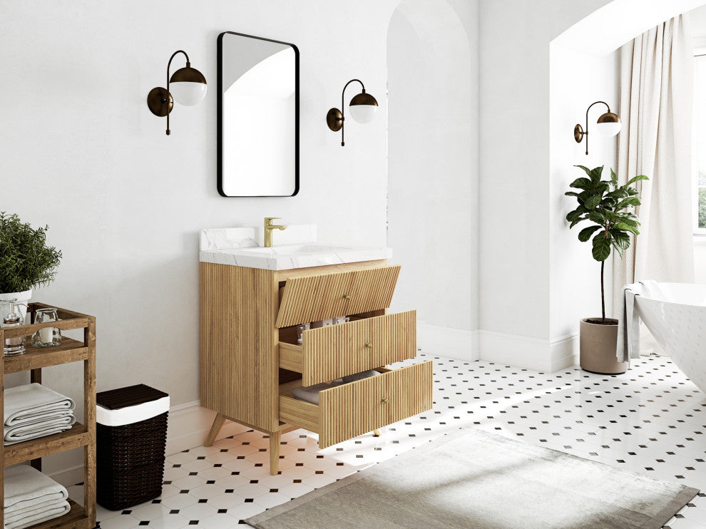 Pasadena 30" Single Sink Bath Vanity, Light Natural Teak 2" Calacatta Poanazzo