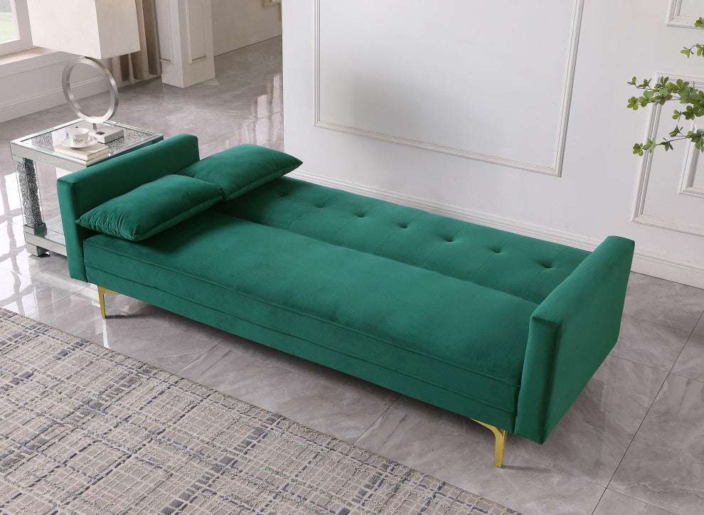 Siena Velvet Convertible Sleeper Sofa With Pillows, Emerald Green