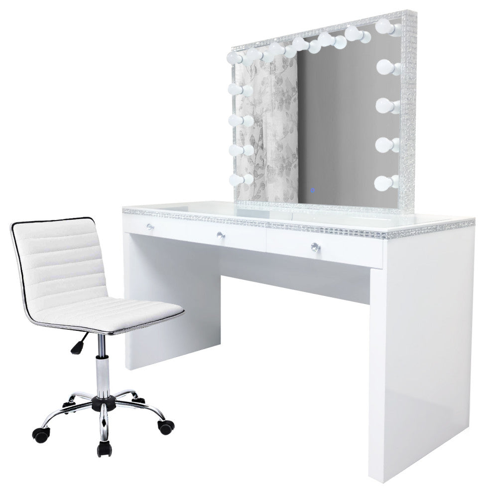 Glam-crystal Vanity Set With LED Mirror and Dimmer, White