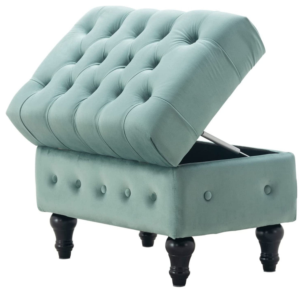 Button Tufted Upholstery Footstool for Bedroom and for Living Room, Light Blue