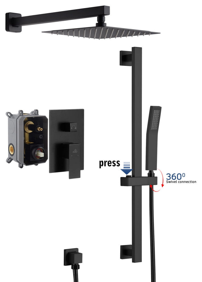 CASAINC 10" Luxury Wall Mounted Shower System Set w Sliding Handheld Rod, Matte Black