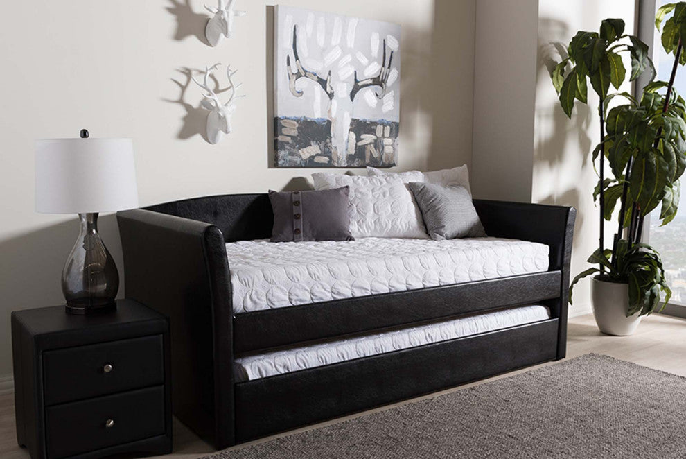 Jolene Fabric Upholstered Daybed With Trundle Bed, Black