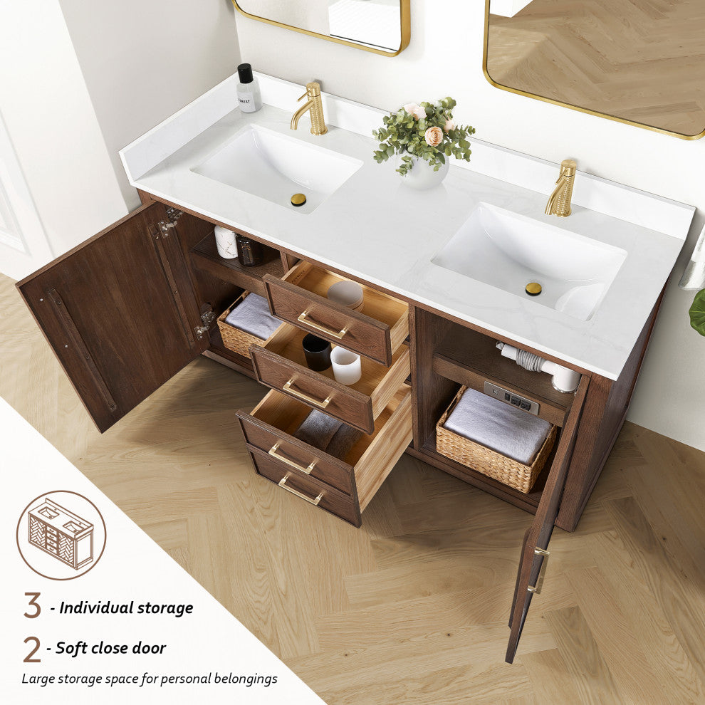 Jakarta Bath Vanity, Quartz Top No Mirror, Dark Brown Oak, 60", Double Vanity