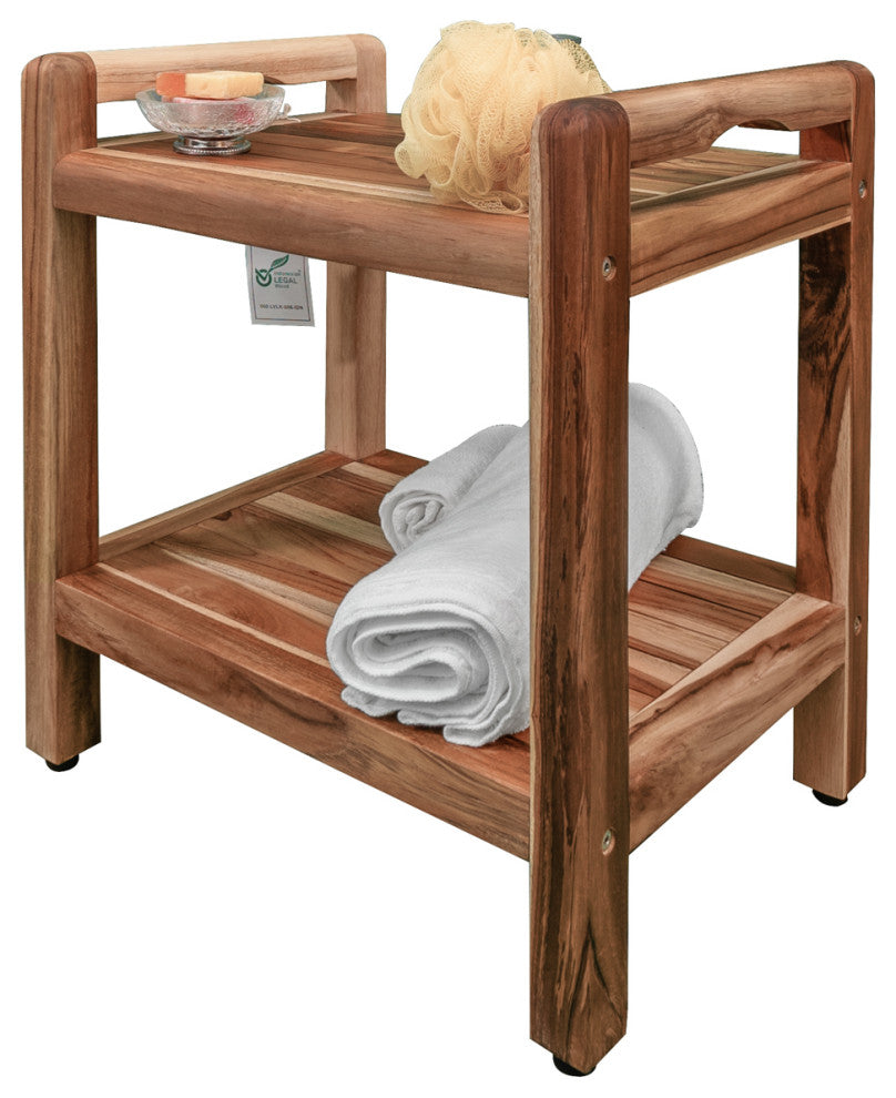 EcoDecors EarthyTeak Classic Shower Bench, Shelf and LiftAide Arms, 18"