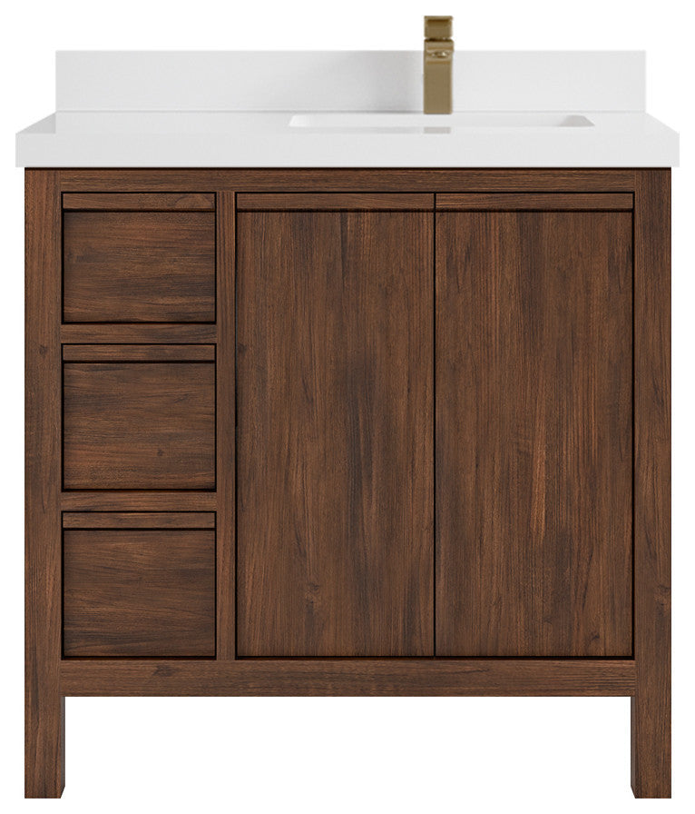 Elizabeth 36 Right Offset Bath Vanity in Dark Walnut Teak 2" White Quartz