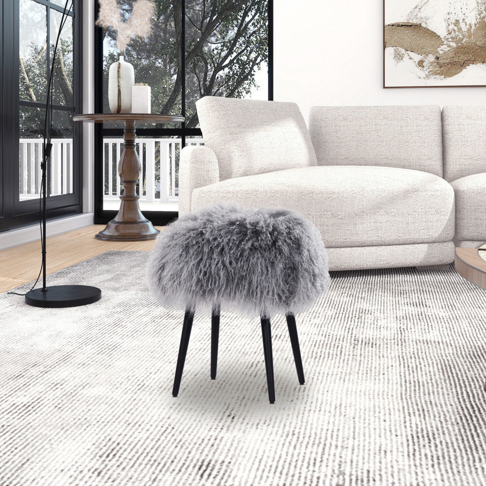 Alberta 16" Mongolian Sheepskin Genuine Fur Round Ottoman, Dimensional Gray