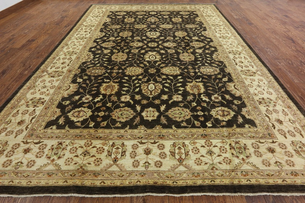 Peshawar Oriental Hand-Knotted Brown Oushak Chobi Wool Rug, 10'x14'