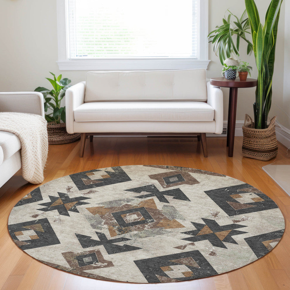 Machine Washable Indoor/Outdoor Chantille ACN1882 Beige 8' x 8' Round Rug