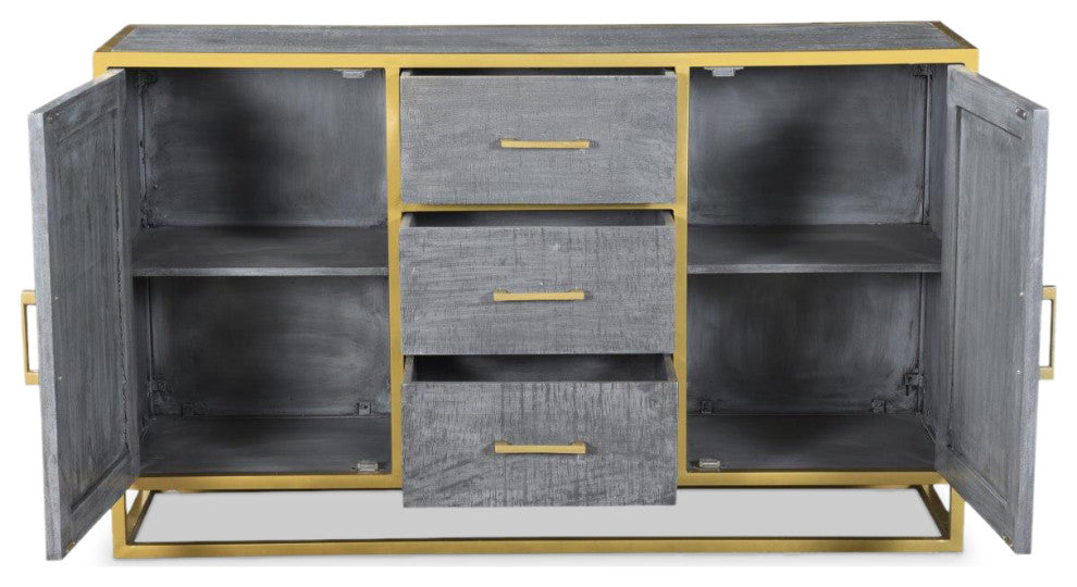 Raven Grey Mango Wood Dining Side board With Gold Iron