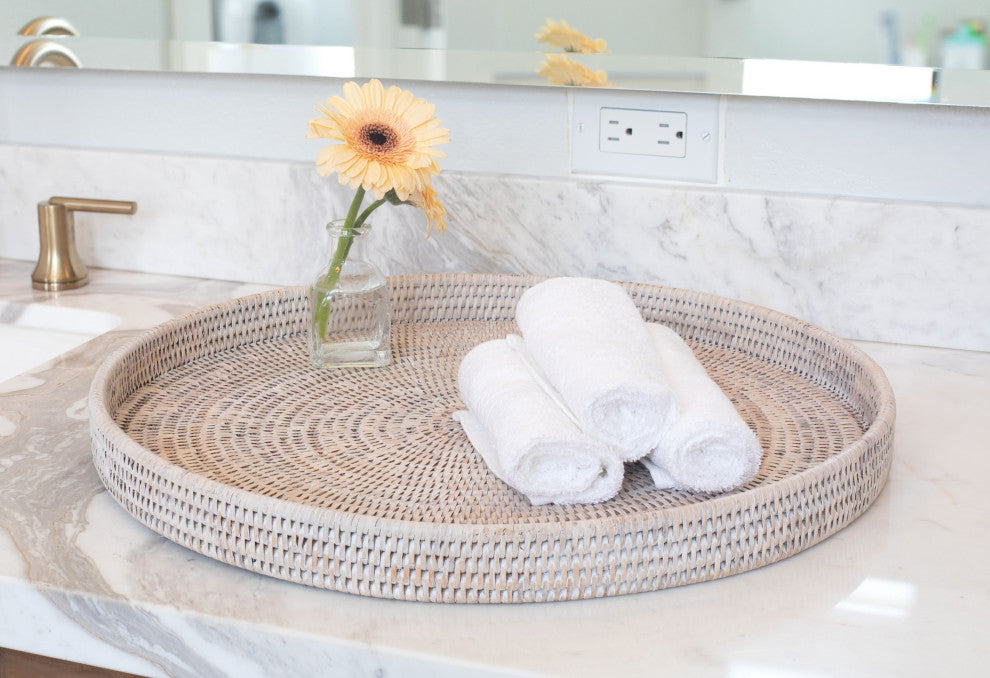 Artifacts Rattan™ Round Serving / Ottoman Tray, White Wash, Medium
