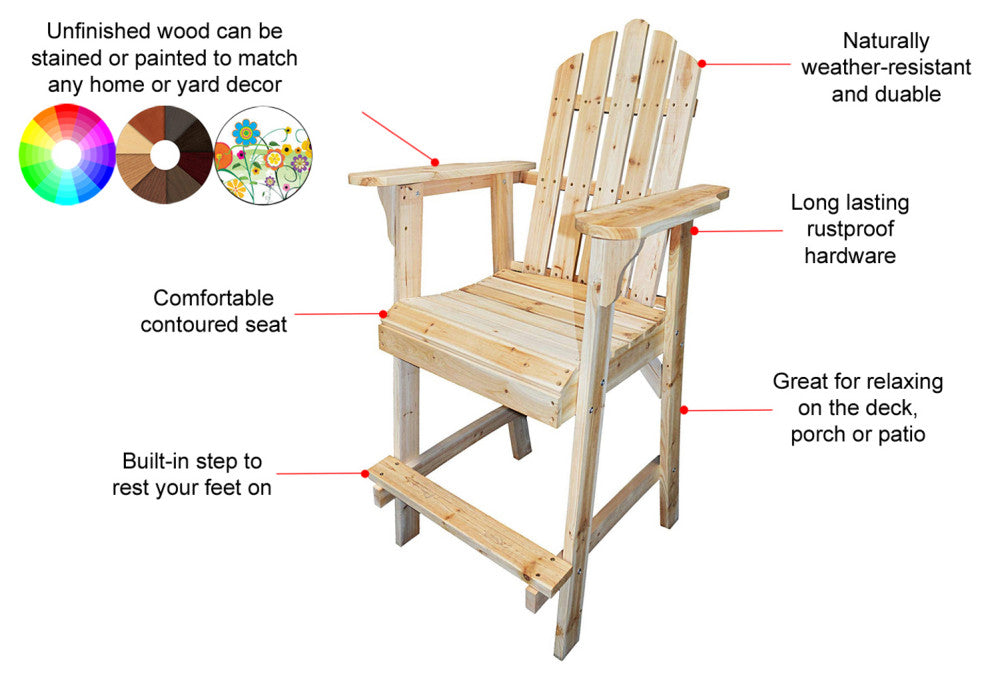 Balcony Tall, Counter High Adirondack Chair With Footrest, Natural Wood