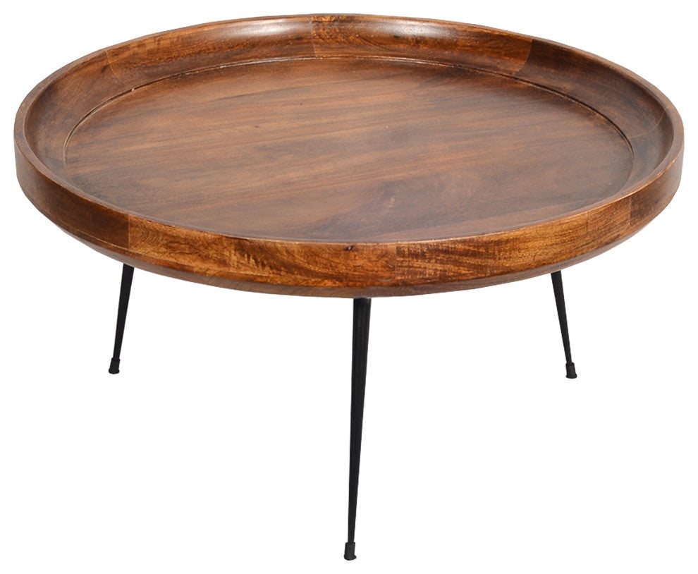 30" Wide Round Mango Wood Coffee Table With Splayed Metal Legs Brown and Black