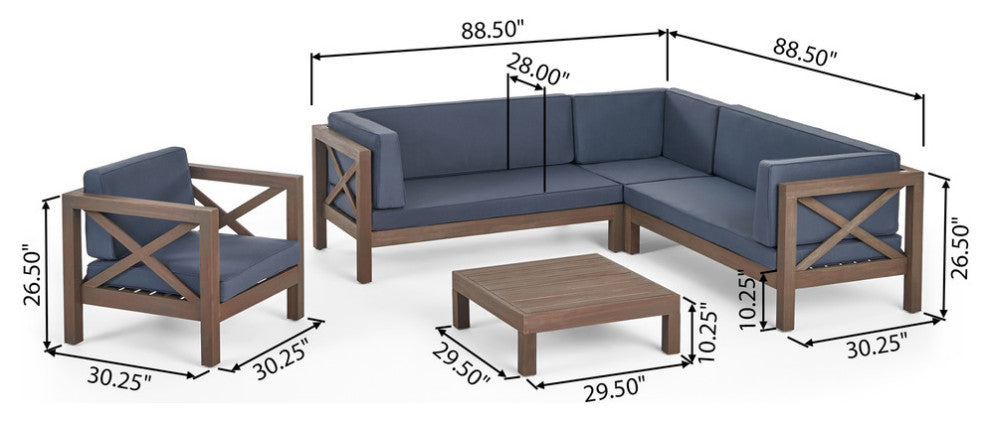 Morgan Outdoor 6 Seater Acacia Wood Sectional Sofa and Club Chair Set, Dark Gray