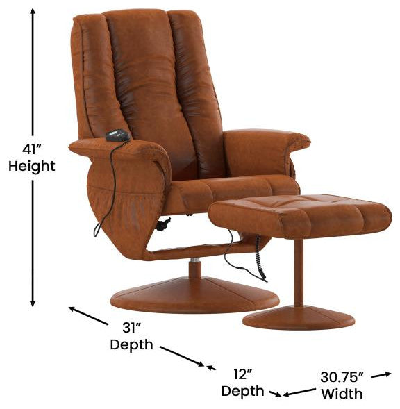 Hall Massaging Multi-Position Recliner and Ottoman with Wrapped Base, Brown