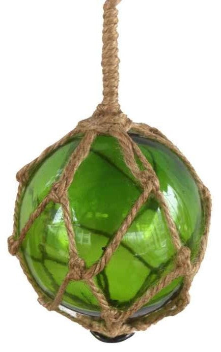 Green Japanese Glass Ball Fishing Float With Brown Netting Decoration 4''