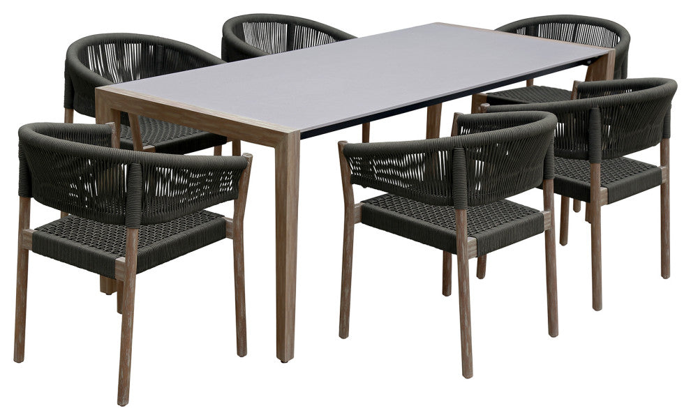 Fineline and Doris Outdoor 7-Piece Stone, Light Eucalyptus Dining Set, Charcoal