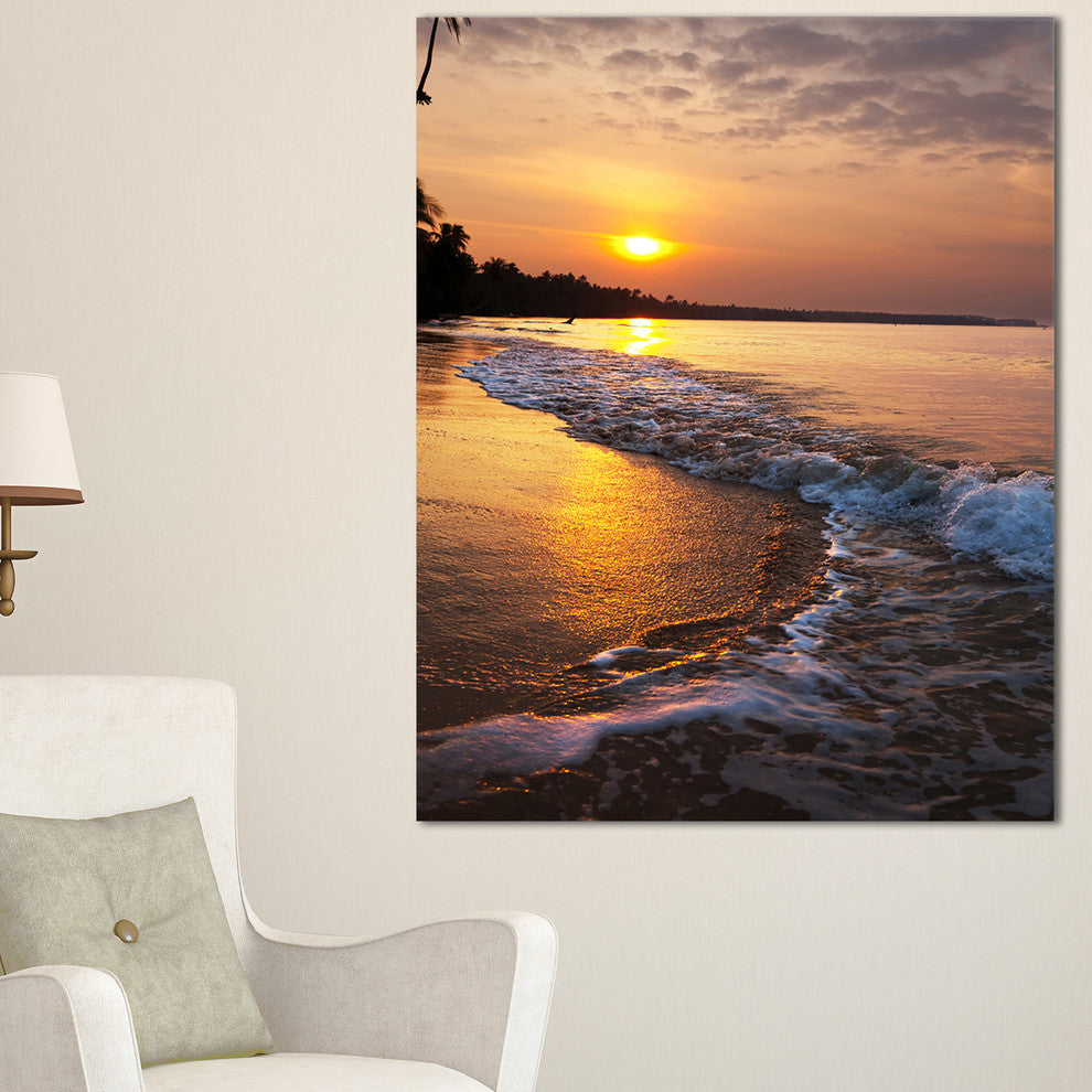 "White Foaming Waves At Sunset" Modern Beach Canvas Art Print, 30"x40"