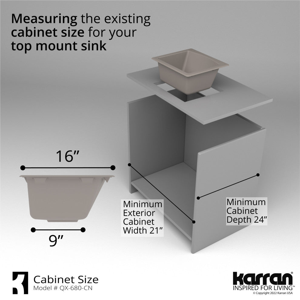 Karran Drop-in or Undermount Quartz 18" Single Bowl Kitchen Sink, Concrete