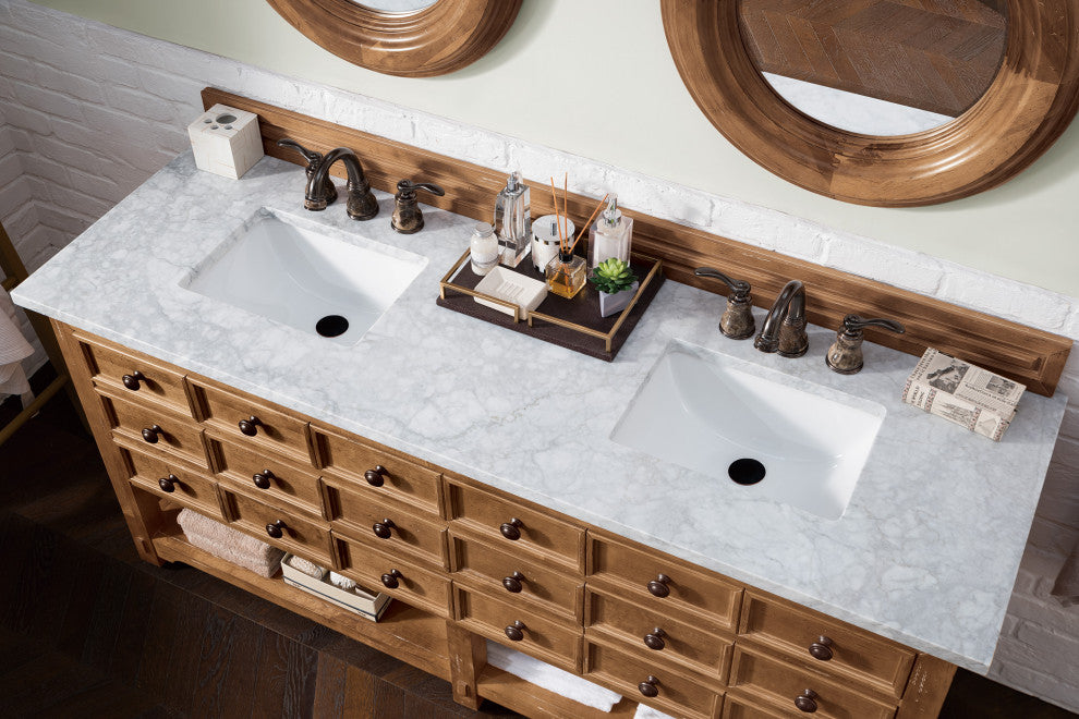 Malibu 72" Honey Alder Double Vanity, Carrara Marble Top